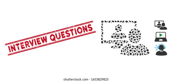 Rubber red stamp seal with Interview Questions phrase inside double parallel lines, and mosaic online video chat icon.