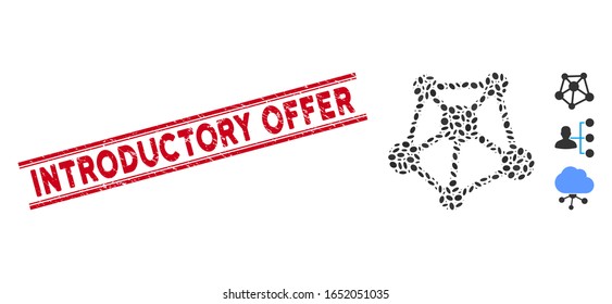 Rubber red stamp seal with Introductory Offer text between double parallel lines, and mosaic network links icon.