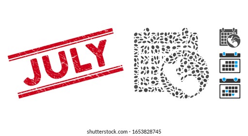 Rubber red stamp seal with July phrase inside double parallel lines, and collage embryo calendar icon. Mosaic vector is formed with embryo calendar icon and with randomized elliptic items.