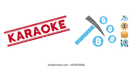 Rubber red stamp seal with Karaoke caption between double parallel lines, and mosaic Bitcoin mining hammer icon. Mosaic vector is created from Bitcoin mining hammer icon and with random oval elements.