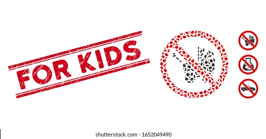 Rubber red stamp seal with For Kids caption between double parallel lines, and mosaic no baby carriage icon. Mosaic vector is composed from no baby carriage icon and with random oval items.