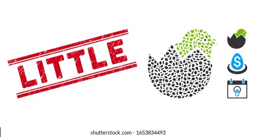 Rubber red stamp seal with Little text inside double parallel lines, and mosaic egg chick icon. Mosaic vector is formed from egg chick icon and with randomized ellipse elements.