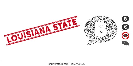 Rubber red stamp seal with Louisiana State text between double parallel lines, and collage Bitcoin message balloon icon.