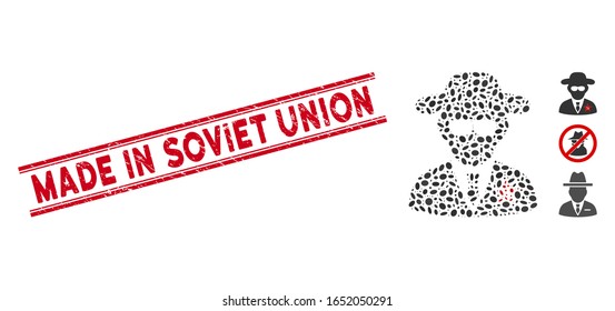 Rubber red stamp seal with Made in Soviet Union caption between double parallel lines, and mosaic KGB spy icon. Mosaic vector is formed with KGB spy icon and with scattered elliptic spots.