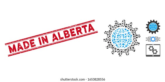 Rubber red stamp seal with Made in Alberta text between double parallel lines, and mosaic global options icon. Mosaic vector is designed with global options pictogram and with random ellipse elements.