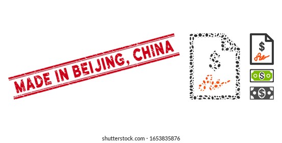 Sello de sello rojo goma con la frase "Hecho en Pekín", "China" dentro de líneas paralelas dobles, e icono de factura firmada en mosaico. El vector mosaico está compuesto por un icono de factura firmada y con elementos ovalados aleatorios.