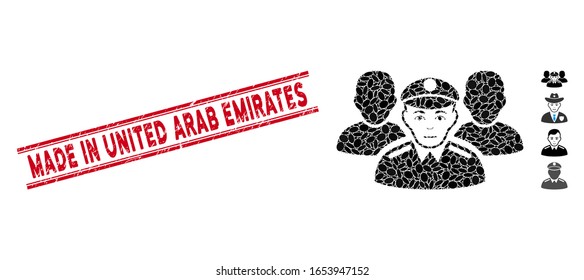 Rubber red stamp seal with Made in United Arab Emirates caption between double parallel lines, and mosaic army team icon.