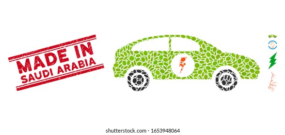 Rubber red stamp seal with Made in Saudi Arabia text inside double parallel lines, and mosaic electric car icon. Mosaic vector is composed with electric car icon and with randomized elliptic elements.