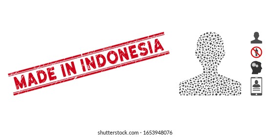 Sello de sello rojo goma con frase hecha en Indonesia entre líneas paralelas dobles y icono del cliente mosaico. El vector mosaico se crea con el icono del cliente y con elementos ovales aleatorios.
