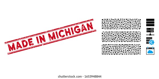 Rubber red stamp seal with Made in Michigan phrase between double parallel lines, and mosaic database icon. Mosaic vector is composed with database pictogram and with scattered elliptic spots.