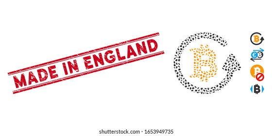 Rubber red stamp seal with Made in England text between double parallel lines, and collage Bitcoin refund icon. Mosaic vector is composed with Bitcoin refund icon and with randomized elliptic items.