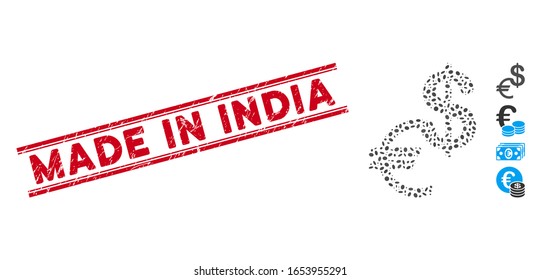Rubber red stamp seal with Made in India caption between double parallel lines, and mosaic currency icon. Mosaic vector is created with currency icon and with random ellipse spots.
