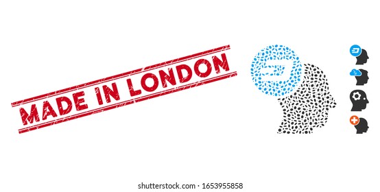 Rubber red stamp seal with Made in London caption inside double parallel lines, and mosaic Dash thinking head icon.