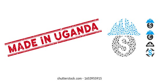Rubber red stamp seal with Made in Uganda phrase inside double parallel lines, and collage dollar safety helmet icon.