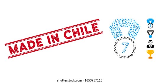 Gummiroter Stempelsiegel mit Made in Chile Phrase zwischen doppelten parallelen Linien, und Mosaik 7. Platz Medaille Symbol. Mosaik Vektorillustration ist mit dem 7. Platz Medaillensymbol und mit zufälligen ovalen Gegenständen entworfen.