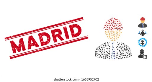 Rubber red stamp seal with Madrid phrase between double parallel lines, and mosaic engineer icon. Mosaic vector is created with engineer icon and with randomized elliptic elements.