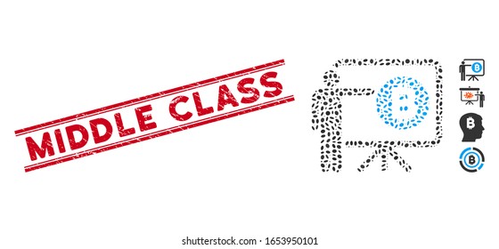Rubber red stamp seal with Middle Class text inside double parallel lines, and collage Bitcoin lecture board icon.