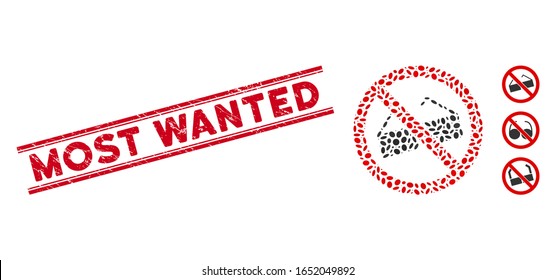Rubber red stamp seal with Most Wanted phrase between double parallel lines, and mosaic no glasses icon. Mosaic vector is created with no glasses icon and with scattered elliptic items.