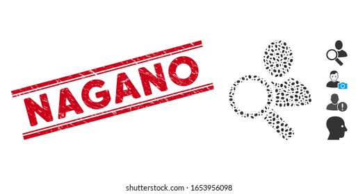 Rubber red stamp seal with Nagano caption inside double parallel lines, and collage find user icon. Mosaic vector is designed with find user icon and with random ellipse spots.