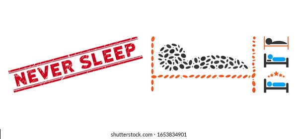 Rubber red stamp seal with Never Sleep phrase between double parallel lines, and mosaic patient bed icon. Mosaic vector is designed with patient bed pictogram and with randomized elliptic items.