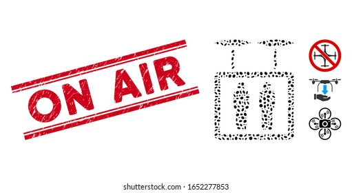 Gummiroter Stempelverschluss mit On Air-Text in doppelten parallelen Linien und Collage Airdrone Aufzug Symbol. Mosaikische Vektorillustration besteht aus einem Picktogramm für den Airdron-Aufzug und verstreuten ovalen Elementen.