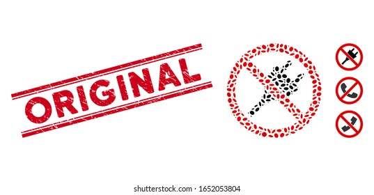 Rubber red stamp seal with Original text between double parallel lines, and collage no electric plug icon. Mosaic vector is formed with no electric plug pictogram and with scattered ellipse spots.