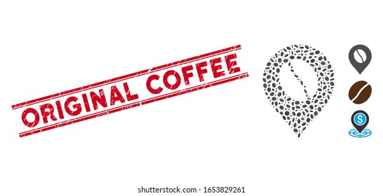Rubber red stamp seal with Original Coffee caption between double parallel lines, and mosaic coffee bean marker icon.
