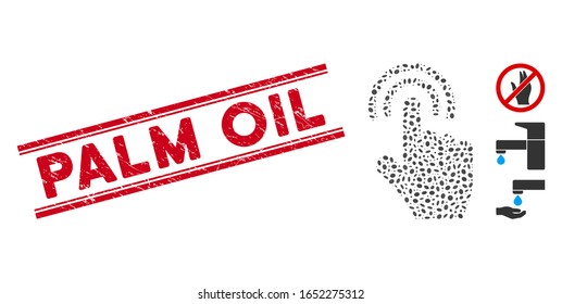 Rubber red stamp seal with Palm Oil caption between double parallel lines, and mosaic double tap icon. Mosaic vector is formed with double tap icon and with randomized oval spots.