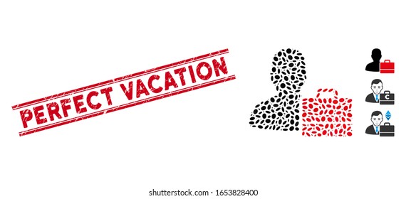 Rubber red stamp seal with Perfect Vacation text inside double parallel lines, and mosaic accounter icon. Mosaic vector is created with accounter pictogram and with randomized ellipse elements.