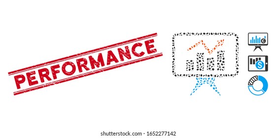 Rubber red stamp seal with Performance caption between double parallel lines, and mosaic chart report panel icon.