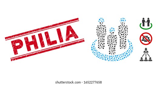 Rubber red stamp seal with Philia caption inside double parallel lines, and mosaic engineer community icon. Mosaic vector is created from engineer community icon and with randomized elliptic spots.