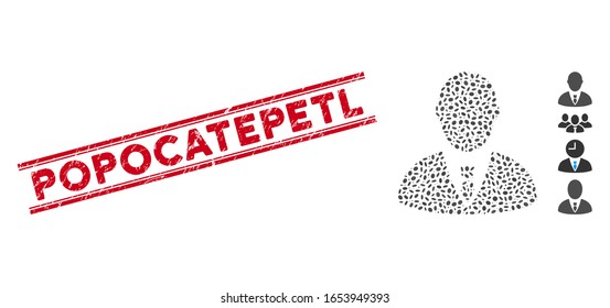 Rubber red stamp seal with Popocatepetl phrase inside double parallel lines, and mosaic manager icon. Mosaic vector is designed with manager icon and with randomized oval items.