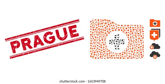 Rubber red stamp seal with Prague caption between double parallel lines, and mosaic medical folder icon. Mosaic vector is designed from medical folder icon and with scattered elliptic spots.