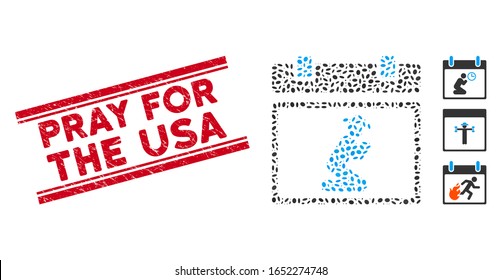 Sello rojo de goma con la leyenda Rezar por Estados Unidos dentro de líneas paralelas dobles, y caballero del collage reza: icono de la página del calendario.