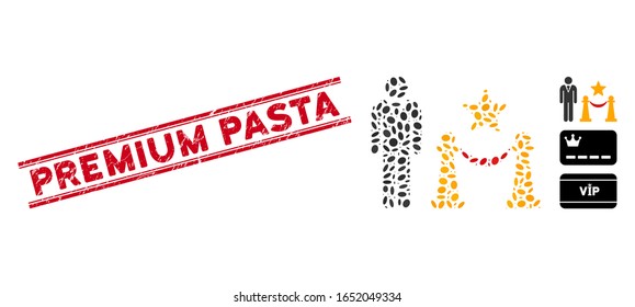 Rubber red stamp seal with Premium Pasta caption inside double parallel lines, and mosaic prestige entarnce icon.