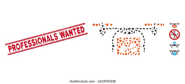 Rubber red stamp seal with Professionals Wanted caption inside double parallel lines, and collage medical quadcopter icon.