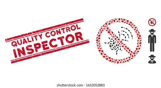 Rubber red stamp seal with Quality Control Inspector caption between double parallel lines, and mosaic no spy bug icon. Mosaic vector is composed with no spy bug icon and with randomized oval spots.