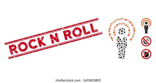 Rubber red stamp seal with Rock N Roll text between double parallel lines, and mosaic human radio source icon. Mosaic vector is designed from human radio source icon and with scattered ellipse spots.