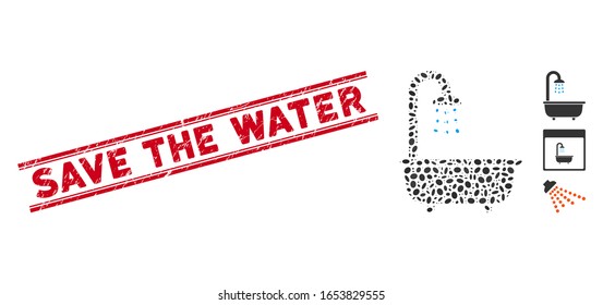 Rubber red stamp seal with Save the Water phrase between double parallel lines, and mosaic bath shower icon. Mosaic vector is formed from bath shower icon and with randomized oval spots.