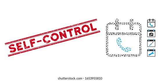 Rubber red stamp seal with Self-Control caption inside double parallel lines, and mosaic phone support day icon. Mosaic vector is created with phone support day icon and with random oval spots.