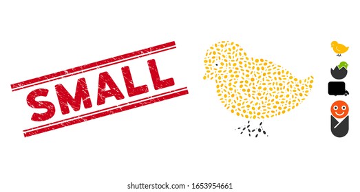 Rubber red stamp seal with Small text inside double parallel lines, and mosaic nestling chick icon. Mosaic vector is created with nestling chick icon and with scattered elliptic items.