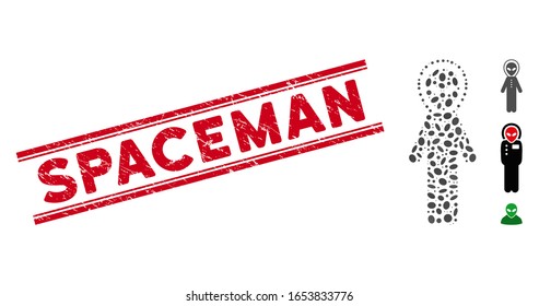 Rubber red stamp seal with Spaceman text inside double parallel lines, and mosaic alien space armor icon. Mosaic vector is designed with alien space armor pictogram and with randomized ellipse items.