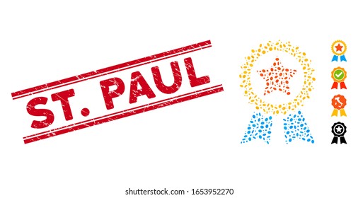 Rubber red stamp seal with St. Paul text inside double parallel lines, and mosaic reward seal icon. Mosaic vector is created with reward seal pictogram and with scattered ellipse elements. St.