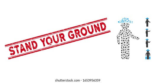 Rubber red stamp seal with Stand Your Ground caption inside double parallel lines, and mosaic gentleman invitation icon.