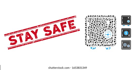 Rubber red stamp seal with Stay Safe caption between double parallel lines, and mosaic safe icon. Mosaic vector is formed from safe icon and with randomized ellipse spots.