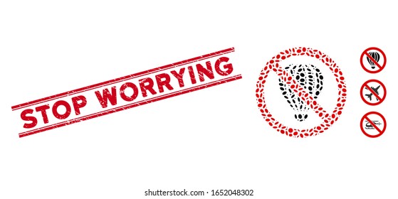 Rubber red stamp seal with Stop Worrying phrase between double parallel lines, and mosaic no air balloon icon.
