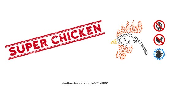 Rubber red stamp seal with Super Chicken caption between double parallel lines, and mosaic cock head icon. Mosaic vector is created with cock head pictogram and with scattered elliptic spots.