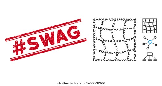 Rubber red stamp seal with #Swag caption inside double parallel lines, and mosaic mesh icon. Mosaic vector is composed with mesh icon and with random oval spots. #Swag stamp uses red color,