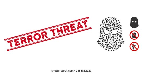 Rubber red stamp seal with Terror Threat phrase between double parallel lines, and mosaic terrorist balaklava icon. Mosaic vector is formed with terrorist balaklava icon and with scattered oval items.
