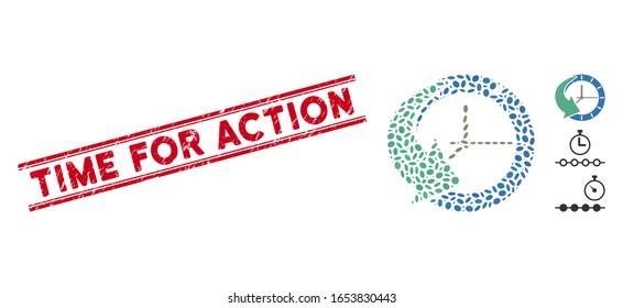 Rubber red stamp seal with Time for Action phrase inside double parallel lines, and mosaic history icon. Mosaic vector is formed with history icon and with random elliptic elements.